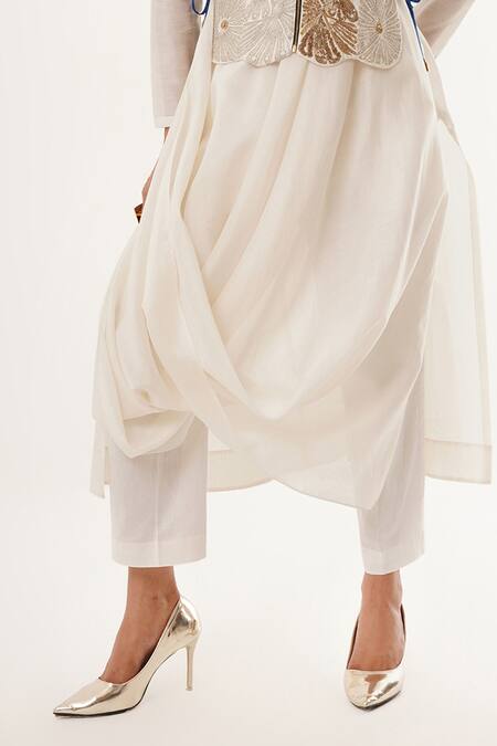 Jajaabor_Ivory Tissue, Cotton, Silk, Linen Embroidery, Applique Floral Draped Kurta Set _at_Aza_Fashions