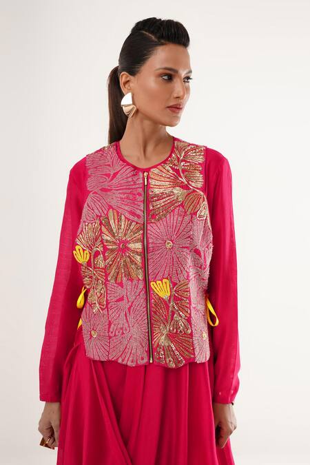 Buy_Jajaabor_Pink Silk, Cotton, Tissue Applique, Embroidery Round Floral Draped Kurta Set _Online_at_Aza_Fashions