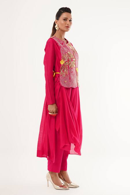 Shop_Jajaabor_Pink Silk, Cotton, Tissue Applique, Embroidery Round Floral Draped Kurta Set _Online_at_Aza_Fashions