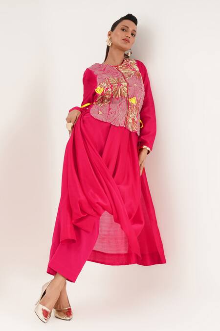 Buy_Jajaabor_Pink Silk, Cotton, Tissue Applique, Embroidery Round Floral Draped Kurta Set 
