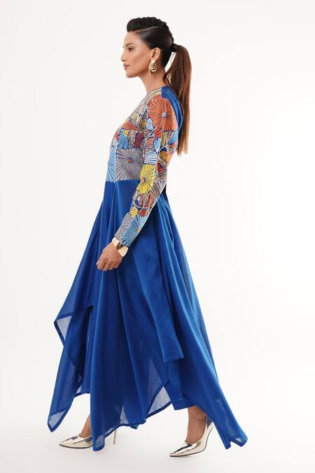 Shop_Jajaabor_Blue Tissue, Cotton, Silk Applique, Sequins V-neck Floral Asymmetric Kurta Set _Online_at_Aza_Fashions