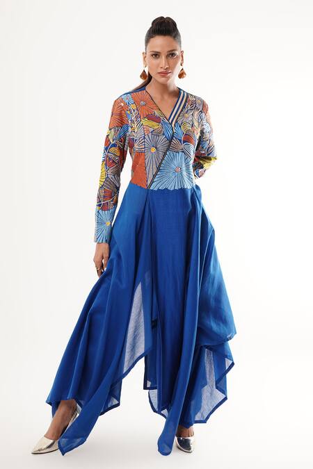 Jajaabor_Blue Tissue, Cotton, Silk Applique, Sequins V-neck Floral Asymmetric Kurta Set _at_Aza_Fashions