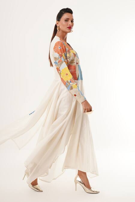 Shop_Jajaabor_Ivory Tissue, Cotton, Silk Applique, Sequins V-neck Floral Asymmetric Kurta Set _Online_at_Aza_Fashions