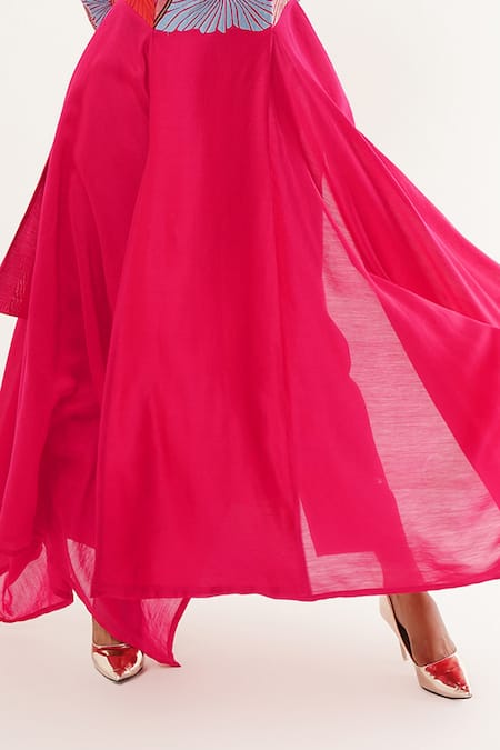 Shop_Jajaabor_Pink Silk, Cotton, Tissue Sequins, Applique V-neck Floral Embroidered Kurta Set _Online_at_Aza_Fashions