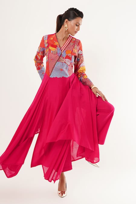 Buy_Jajaabor_Pink Silk, Cotton, Tissue Sequins, Applique V-neck Floral Embroidered Kurta Set 