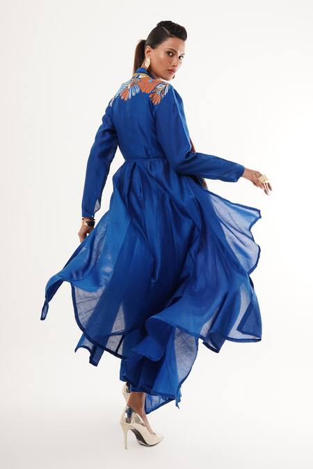 Buy_Jajaabor_Blue Tissue, Cotton, Silk Embroidery Cowl Cobalt Floral Applique Angarkha Set _Online_at_Aza_Fashions