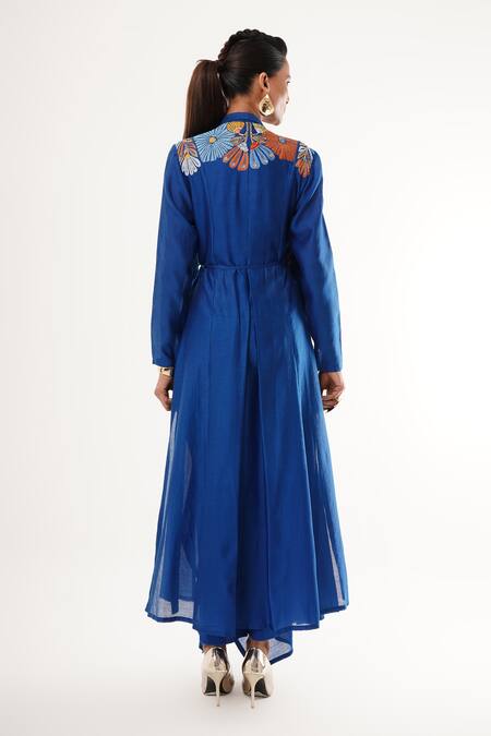 Jajaabor Cobalt Floral Applique Angarkha Set 