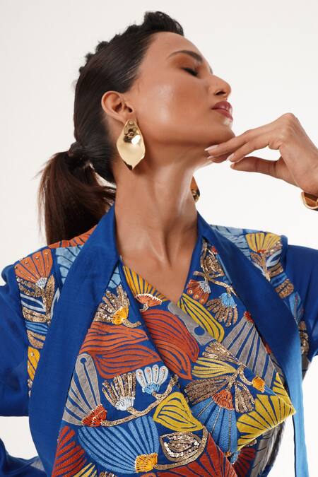 Buy_Jajaabor_Blue Tissue, Cotton, Silk Embroidery Cowl Cobalt Floral Applique Angarkha Set 