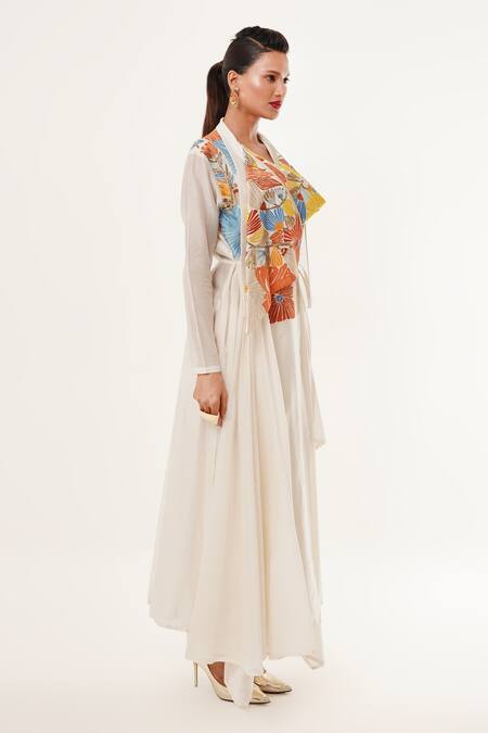 Buy_Jajaabor_Ivory Cotton, Linen, Tissue, Silk Embroidery Floral Applique Angarkha And Pant Set _Online_at_Aza_Fashions