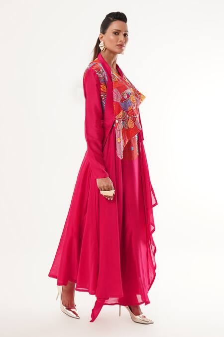 Jajaabor_Pink Cotton, Silk, Chanderi, Tissue Applique, Sequins Cowl Floral Angarkha Set _Online_at_Aza_Fashions