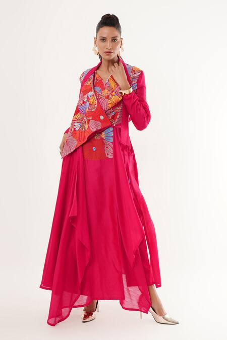 Buy_Jajaabor_Pink Cotton, Silk, Chanderi, Tissue Applique, Sequins Cowl Floral Angarkha Set _Online_at_Aza_Fashions