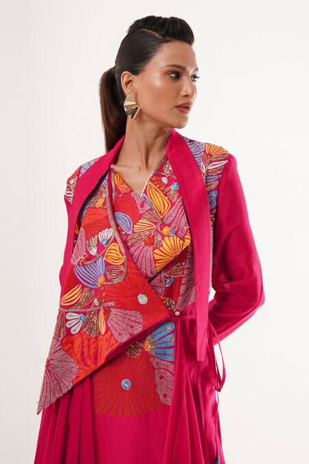 Shop_Jajaabor_Pink Cotton, Silk, Chanderi, Tissue Applique, Sequins Cowl Floral Angarkha Set _Online_at_Aza_Fashions