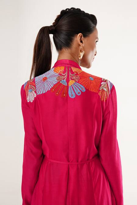 Jajaabor_Pink Cotton, Silk, Chanderi, Tissue Applique, Sequins Cowl Floral Angarkha Set _at_Aza_Fashions