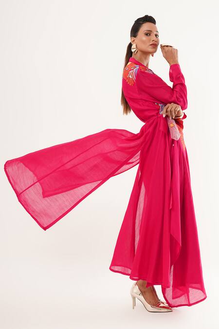 Buy_Jajaabor_Pink Cotton, Silk, Chanderi, Tissue Applique, Sequins Cowl Floral Angarkha Set 