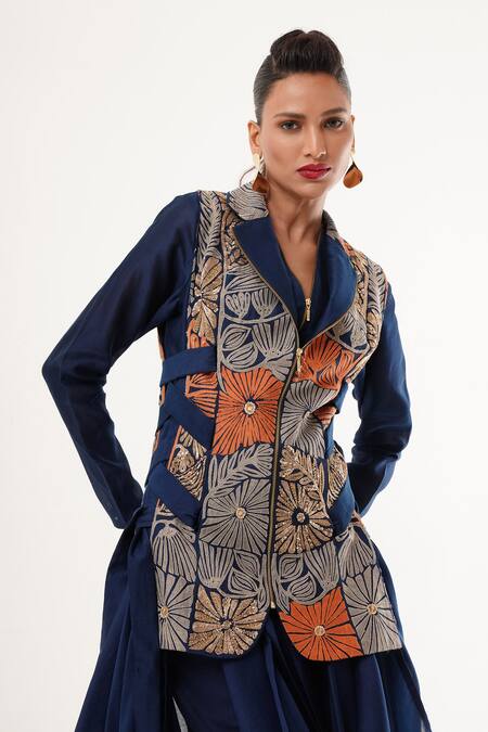Jajaabor_Blue Silk, Cotton, Tissue Embroidery, Sequins, Draped Kurta Set With Jacket _Online_at_Aza_Fashions