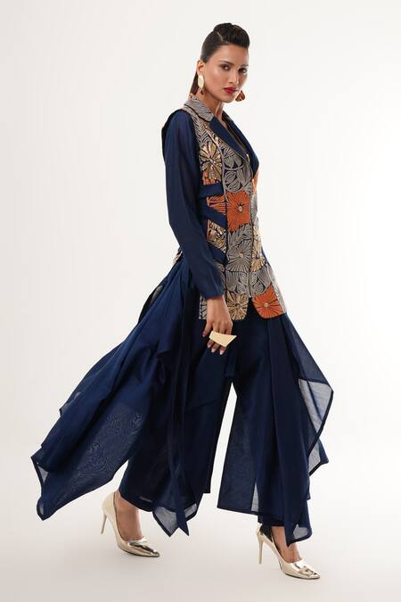 Buy_Jajaabor_Blue Silk, Cotton, Tissue Embroidery, Sequins, Draped Kurta Set With Jacket _Online_at_Aza_Fashions