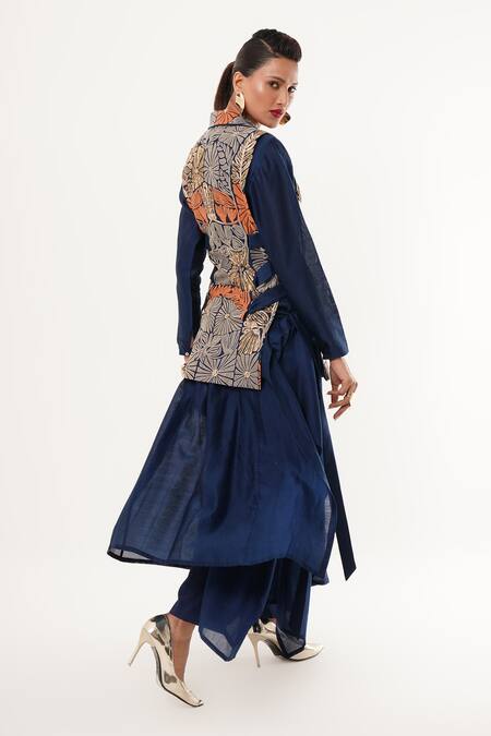 Shop_Jajaabor_Blue Silk, Cotton, Tissue Embroidery, Sequins, Draped Kurta Set With Jacket _Online_at_Aza_Fashions
