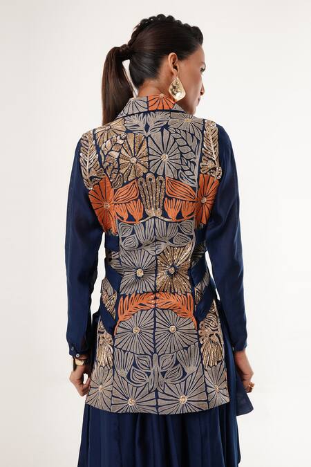 Jajaabor_Blue Silk, Cotton, Tissue Embroidery, Sequins, Draped Kurta Set With Jacket _at_Aza_Fashions
