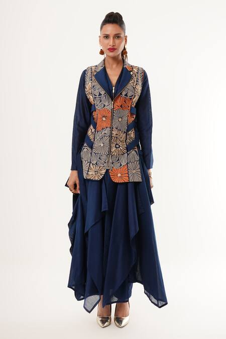 Buy_Jajaabor_Blue Silk, Cotton, Tissue Embroidery, Sequins, Draped Kurta Set With Jacket 
