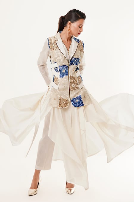 Jajaabor_Ivory Silk, Cotton, Tissue Applique, Sequins Embroidered Jacket And Kurta Set _Online_at_Aza_Fashions