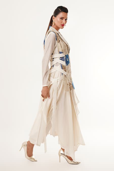Buy_Jajaabor_Ivory Silk, Cotton, Tissue Applique, Sequins Embroidered Jacket And Kurta Set _Online_at_Aza_Fashions