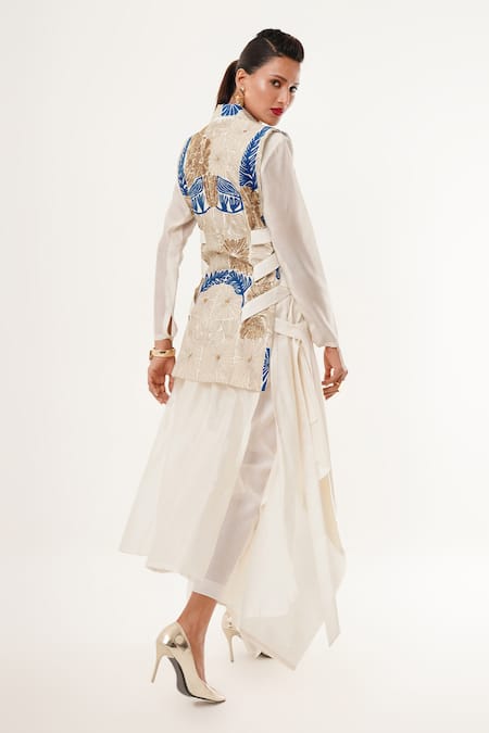 Shop_Jajaabor_Ivory Silk, Cotton, Tissue Applique, Sequins Embroidered Jacket And Kurta Set _Online_at_Aza_Fashions