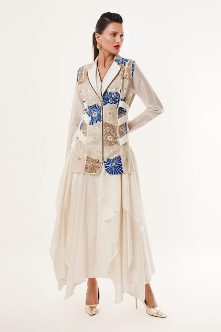 Jajaabor_Ivory Silk, Cotton, Tissue Applique, Sequins Embroidered Jacket And Kurta Set _at_Aza_Fashions