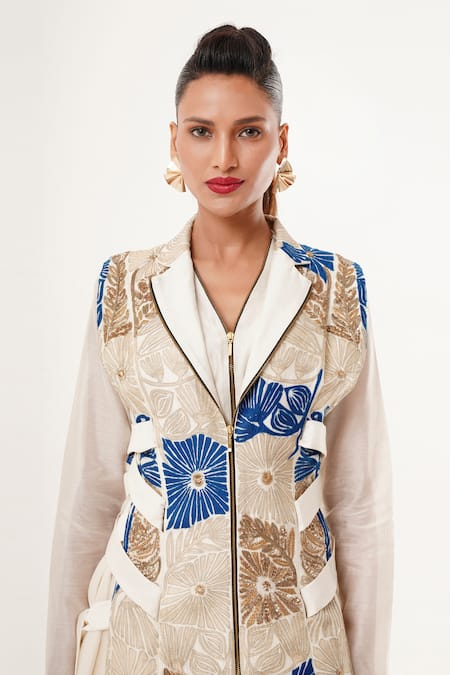 Buy_Jajaabor_Ivory Silk, Cotton, Tissue Applique, Sequins Embroidered Jacket And Kurta Set 