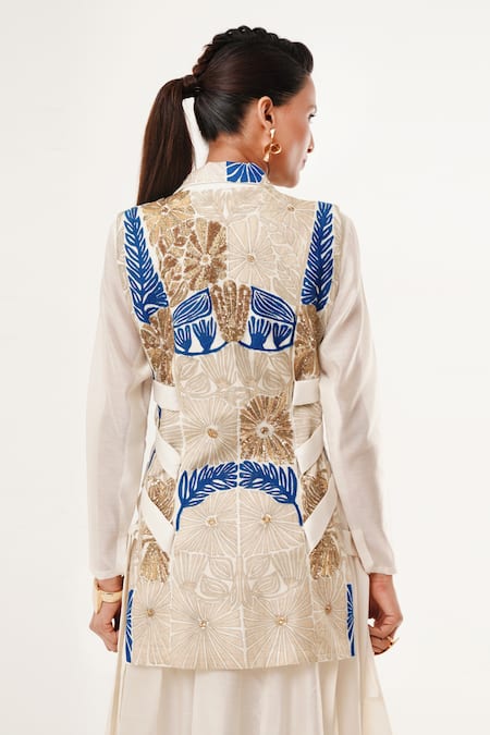 Shop_Jajaabor_Ivory Silk, Cotton, Tissue Applique, Sequins Embroidered Jacket And Kurta Set 