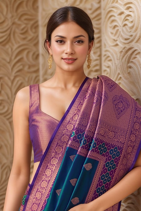 Buy_Naintara Bajaj_Purple Silk Embroidery, Zari Asymmetric Paisley Motif Banarasi Saree Set 
