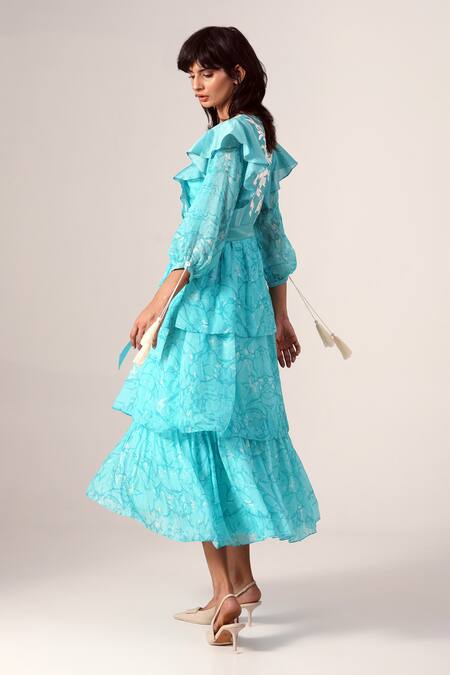 Madder Much Blue Chiffon, Chanderi Silk Embroidery V-neck Tiered Dress With Belt Online at Aza Fashions Madder Much_Blue Chiffon, Chanderi Silk Embroidery V-neck Tiered Dress With Belt _Online_at_Aza_Fashions