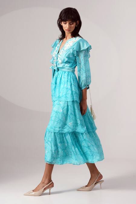Buy Madder Much Blue Chiffon, Chanderi Silk Embroidery V-neck Tiered Dress With Belt Online at Aza Fashions Buy_Madder Much_Blue Chiffon, Chanderi Silk Embroidery V-neck Tiered Dress With Belt _Online_at_Aza_Fashions