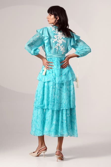 Shop Madder Much Blue Chiffon, Chanderi Silk Embroidery V-neck Tiered Dress With Belt at Aza Fashions Shop_Madder Much_Blue Chiffon, Chanderi Silk Embroidery V-neck Tiered Dress With Belt _at_Aza_Fashions
