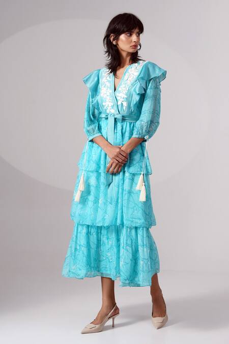 Shop Madder Much Blue Chiffon, Chanderi Silk Embroidery V-neck Tiered Dress With Belt Online at Aza Fashions Shop_Madder Much_Blue Chiffon, Chanderi Silk Embroidery V-neck Tiered Dress With Belt _Online_at_Aza_Fashions