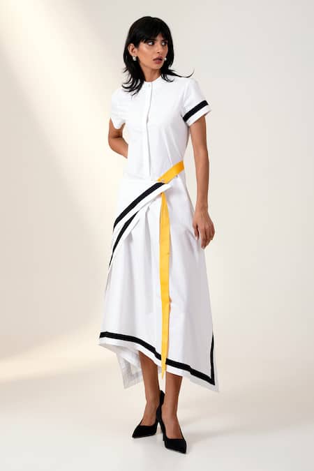 Madder Much_White Cotton Mandarin Collar Draped Shirt Dress With Striped Border _Online_at_Aza_Fashions
