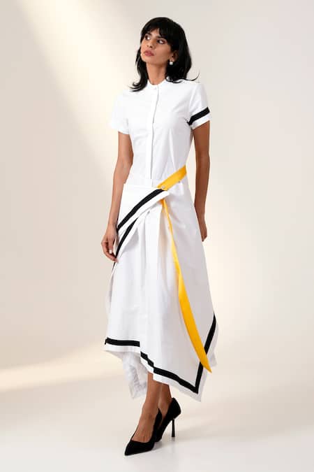 Buy_Madder Much_White Cotton Mandarin Collar Draped Shirt Dress With Striped Border _Online_at_Aza_Fashions