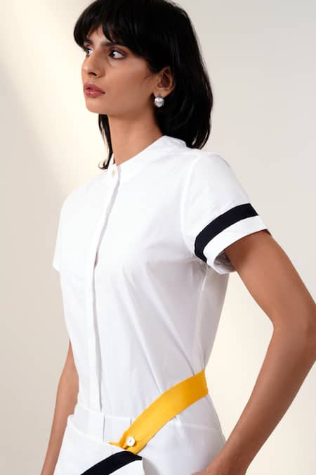 Shop_Madder Much_White Cotton Mandarin Collar Draped Shirt Dress With Striped Border _Online_at_Aza_Fashions