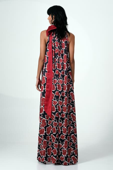 Shop_Madder Much_Multi Color Modal, Chanderi Silk Bows Halter Neck Floral Print Maxi Dress With _at_Aza_Fashions