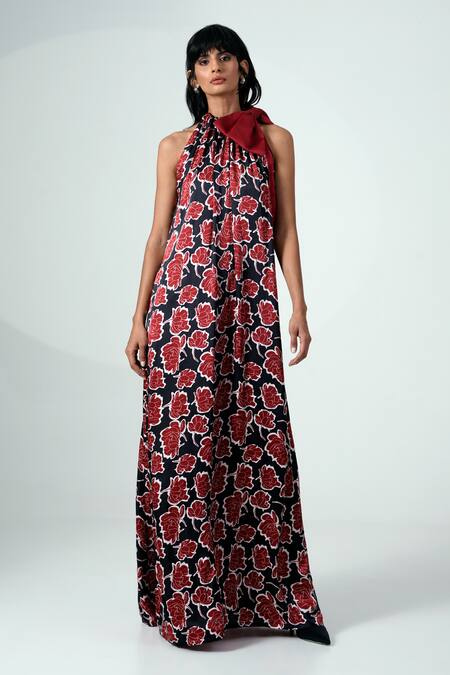 Madder Much_Multi Color Modal, Chanderi Silk Bows Halter Neck Floral Print Maxi Dress With _Online_at_Aza_Fashions
