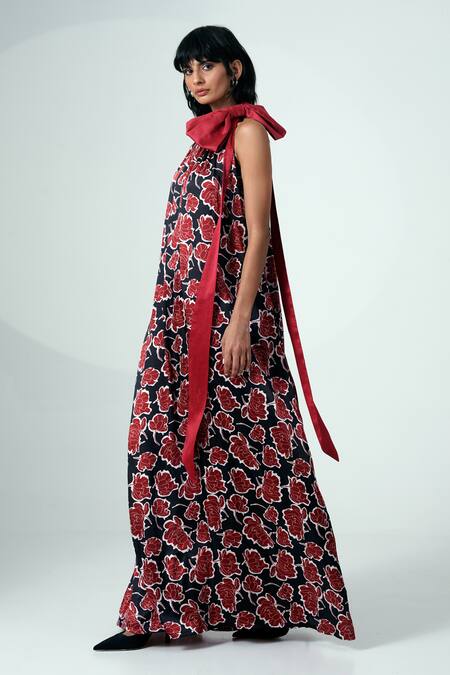 Buy_Madder Much_Multi Color Modal, Chanderi Silk Bows Halter Neck Floral Print Maxi Dress With _Online_at_Aza_Fashions