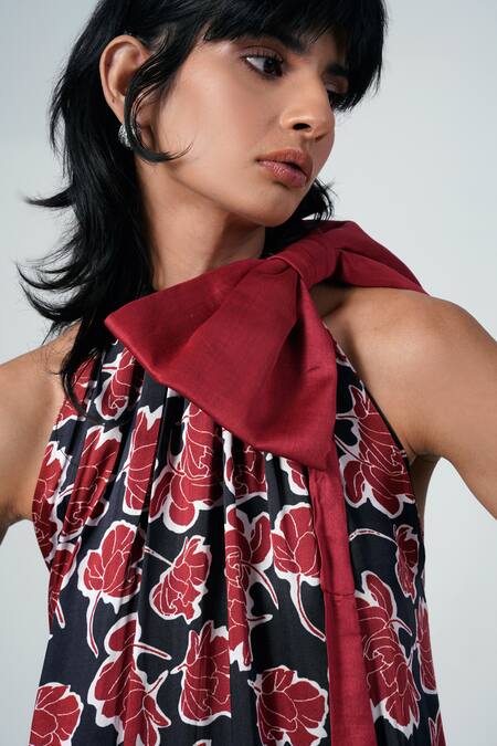Shop_Madder Much_Multi Color Modal, Chanderi Silk Bows Halter Neck Floral Print Maxi Dress With _Online_at_Aza_Fashions