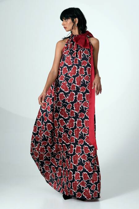 Madder Much_Multi Color Modal, Chanderi Silk Bows Halter Neck Floral Print Maxi Dress With _at_Aza_Fashions