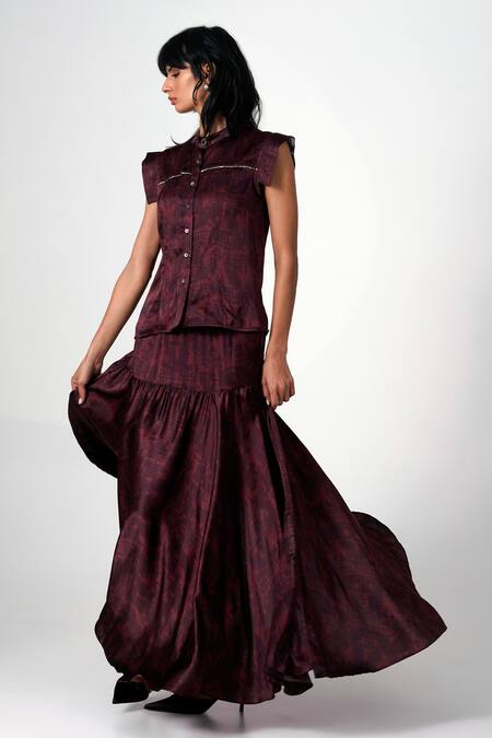 Madder Much Wine Modal, Satin Mandarin Collar Abstract Print Top And Skirt Set Online at Aza Fashions Madder Much_Wine Modal, Satin Mandarin Collar Abstract Print Top And Skirt Set _Online_at_Aza_Fashions