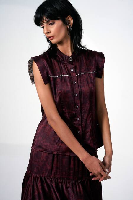 Buy Madder Much Wine Modal, Satin Mandarin Collar Abstract Print Top And Skirt Set Online at Aza Fashions Buy_Madder Much_Wine Modal, Satin Mandarin Collar Abstract Print Top And Skirt Set _Online_at_Aza_Fashions