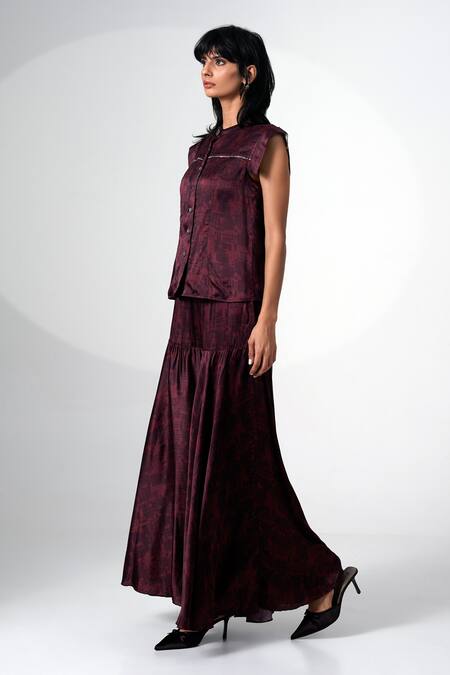 Shop Madder Much Wine Modal, Satin Mandarin Collar Abstract Print Top And Skirt Set Online at Aza Fashions Shop_Madder Much_Wine Modal, Satin Mandarin Collar Abstract Print Top And Skirt Set _Online_at_Aza_Fashions