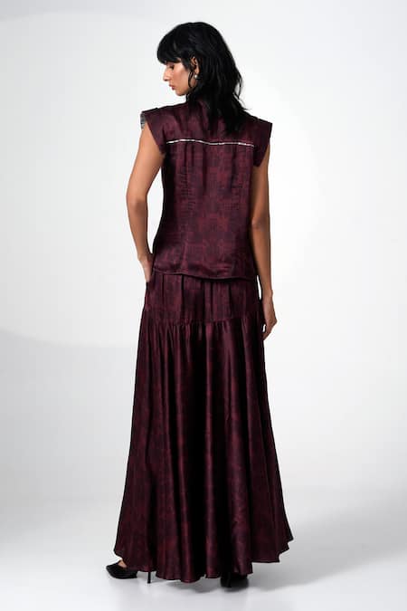 Shop Madder Much Wine Modal, Satin Mandarin Collar Abstract Print Top And Skirt Set at Aza Fashions Shop_Madder Much_Wine Modal, Satin Mandarin Collar Abstract Print Top And Skirt Set _at_Aza_Fashions