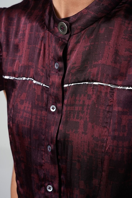 Madder Much Wine Modal, Satin Mandarin Collar Abstract Print Top And Skirt Set at Aza Fashions Madder Much_Wine Modal, Satin Mandarin Collar Abstract Print Top And Skirt Set _at_Aza_Fashions