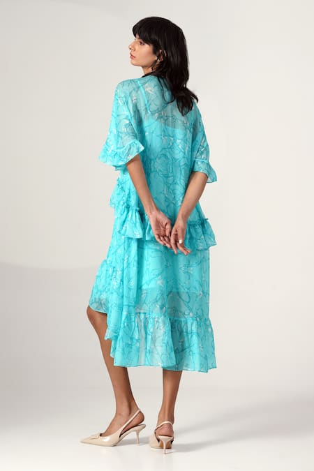 Shop Madder Much Blue Chiffon Tassels Round Neck Abstract Print Flared Sleeve Dress at Aza Fashions Shop_Madder Much_Blue Chiffon Tassels Round Neck Abstract Print Flared Sleeve Dress _at_Aza_Fashions