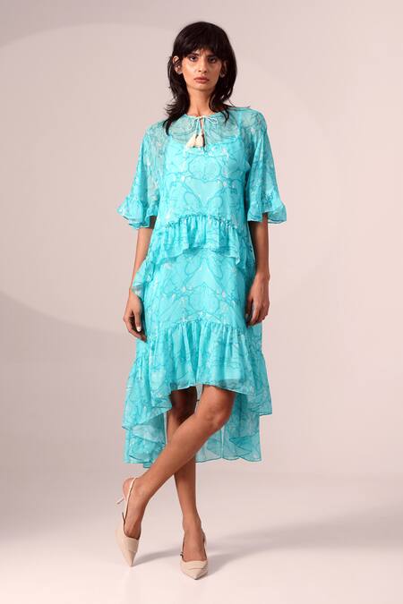 Madder Much Blue Chiffon Tassels Round Neck Abstract Print Flared Sleeve Dress Online at Aza Fashions Madder Much_Blue Chiffon Tassels Round Neck Abstract Print Flared Sleeve Dress _Online_at_Aza_Fashions