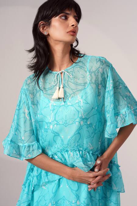 Buy Madder Much Blue Chiffon Tassels Round Neck Abstract Print Flared Sleeve Dress Online at Aza Fashions Buy_Madder Much_Blue Chiffon Tassels Round Neck Abstract Print Flared Sleeve Dress _Online_at_Aza_Fashions